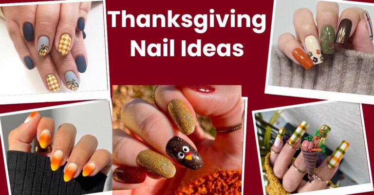 Thanksgiving Nail Ideas designs with themes like autumn colors, plaid patterns, gradient orange ombre, glitter, and turkey motifs.