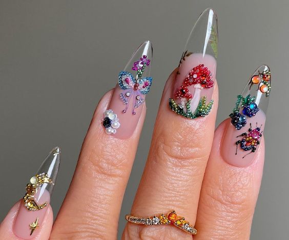  Textured nails with butterfly and garden design